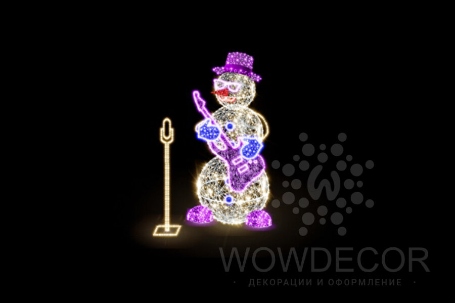 Декоративная световая фигура Снеговик с гитарой и микрофоном