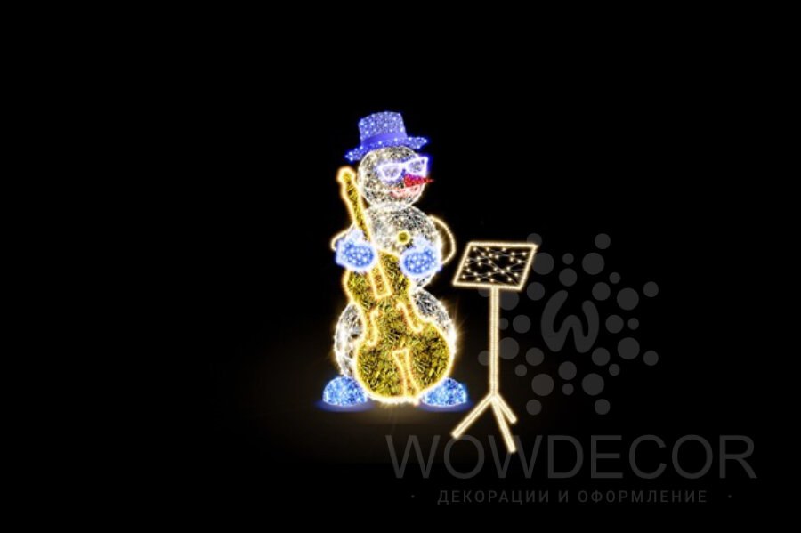 Декоративная световая фигура Снеговик с контрабасом и нотами 2